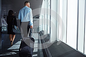 Flight, walking or back of business people in airport with suitcase, luggage or baggage on company trip. Hall, plane or