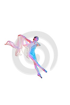 Flight. Young woman, processional ballet dancer making performance with transparent fabric isolated on white studio