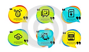 Flights application, Cloud computing and Dirty water icons set. Download file, Yummy smile and Ssd signs. Vector