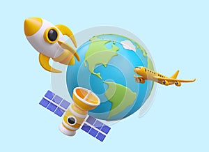 Flights around Earth. 3D space rocket, satellite, plane. Composition in cartoon style