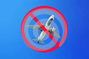 Flights cancellation, airplane in sky in red round ban sign, airlines restrictions, emergency situation banner, Coronavirus, Covid