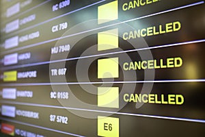 Flights cancelled and delayed on airport departure board due to covid-19 pandemic. Coronavirus causing disruption in air transport