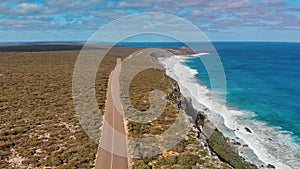 Flinders Chase National Park in Kangaroo Island. Amazing aerial view of road and coastline from drone on a sunny day