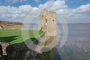 Flint Castle seen on the day of an unusually high spring tide