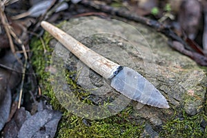 Flint knife - stone age tool leaf blade in deer antler