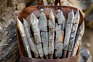 flint spears arranged in a leather carry pouch