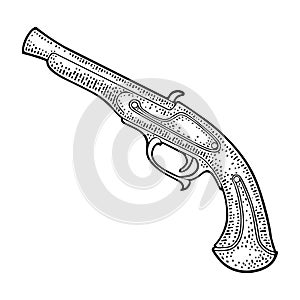 Flintlock antique pistol. Vector black vintage engraving