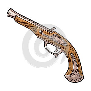 Flintlock antique pistol. Vector color vintage engraving