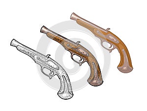 Flintlock antique pistol. Vector color vintage engraving