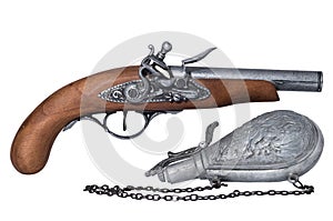 Flintlock Pistol and Gunpowder Flask photo