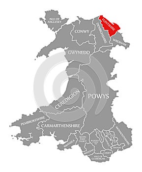 Flintshire red highlighted in map of Wales