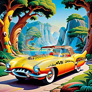 Flintstone leopard skin roadster sports car racer comical cartoon