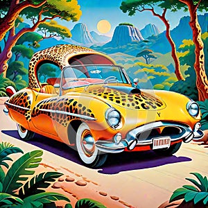 Flintstone leopard skin touring jalopy car comic