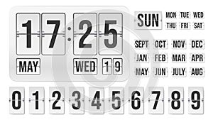 Flip clock. Countdown mechanical timer with hour date month indicators, analog time board display with number counter. Vector