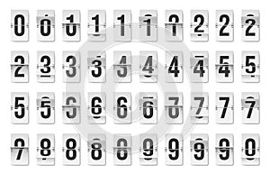 Flip clock number set. Board with numeral dial, old outdated mechanical countdown scoreboard with numeric counter