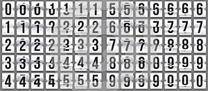 Flip clock numbers. Retro countdown animation, mechanical scoreboard number and numeric counter flips vector set