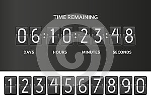 Flip countdown clock counter timer. Time remaining count down board with scoreboard of day, hour, minutes and seconds