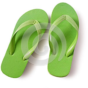 Flip flop beach shoes green isolated on white background close up top view flat