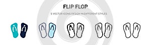 Flip flop icon in filled, thin line, outline and stroke style. Vector illustration of two colored and black flip flop vector icons
