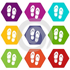 Flip flop sandals icon set color hexahedron