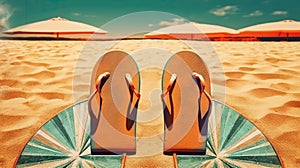 Flip flop sandals on the sandy beach in nostalgic card style. Retro vacation postcard with slippers on the coast