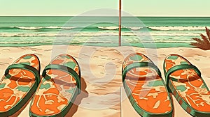 Flip flop sandals on the sandy beach in nostalgic card style. Retro vacation postcard with slippers on the coast