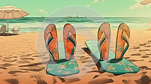 Flip flop sandals on the sandy beach in nostalgic card style. Retro vacation postcard with slippers on the coast
