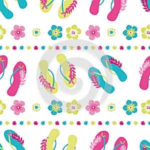 Flip flop shoe on beach seamless vector pattern background. Elegant sandals and flowers oceanside backdrop. Tropical