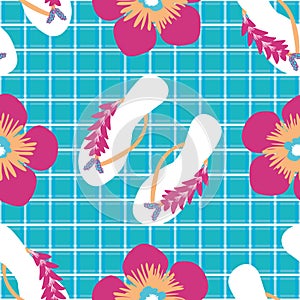 Flip flop shoe on beach seamless vector pattern background. Elegant sandals and flowers on plaid grid backdrop. Colorful