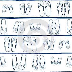 Flip flop shoe seamless vector pattern background. Hand drawn outline style with grunge stripes. White and navy blue