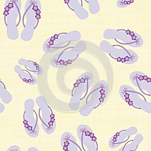Flip flop shoe on seamless vector pattern background. Pretty sandals with tropical flower decoration beach wedding