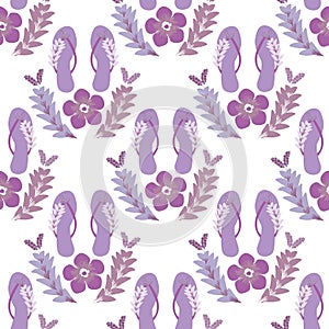 Flip flop shoe seamless vector pattern background. Sandals and tropical flower beach wedding backdrop. Damask style