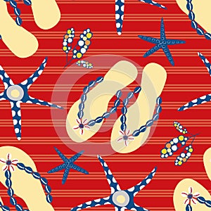 Flip flop shoe seamless vector pattern background. Stylish sandals, starfish nautical stripe backdrop. Red, gold, blue
