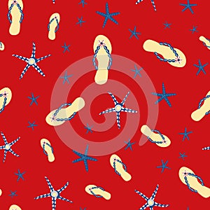 Flip flop shoe seamless vector pattern background. Stylish sandals, starfish nautical theme backdrop. Red, gold, blue