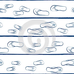 Flip flop shoe vector seamless pattern background. Hand drawn outline style with hand drawn grunge stripes. White and