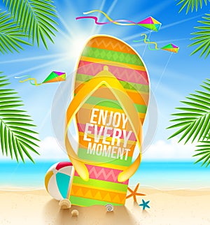 Flip-flop with summer greeting on the tropical beach
