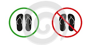Flip Flop, Summer Slipper Red and Green Warning Signs. Beach Sandal Silhouette Icons Set. Allowed and Prohibited Put