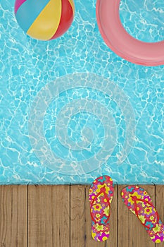 Flip flop on wooden board and pool 3D illustration.