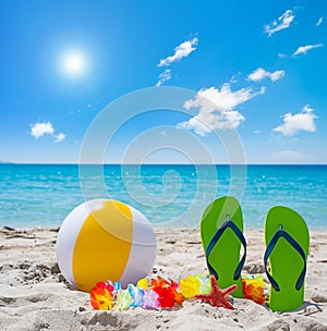 Flip flops and beach ball under a shining sun