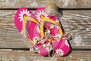 Flip flops on beach boardwalk