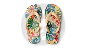 Flip-flops with colorful tropical print on white background