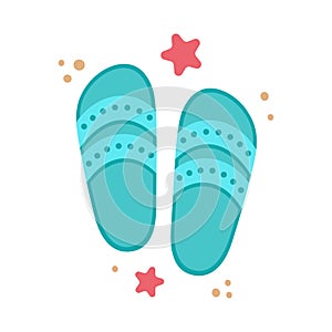 Flip flops icon with starfishes. Cute colorful shoes for summer design. Vector cartoon illustration. Beach holidays