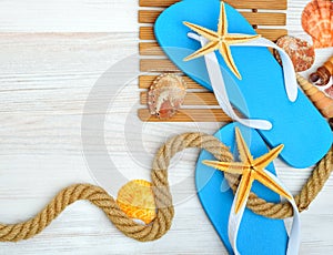 Flip-flops, starfish and seashells.