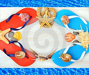 Flip-flops, starfish and seashells.