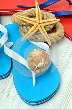 Flip-flops, starfish and seashells.