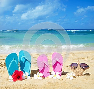 Flip flops and starfish with sunglasses on sandy beach