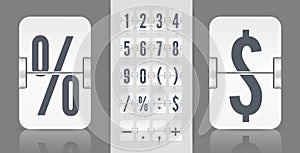 Flip numbers font time counter information page. White analog countdown font. Vintage symbols time meter vector template