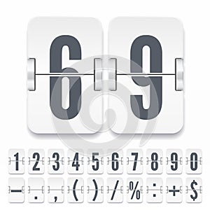 Flip numbers and symbols on white mechanical scoreboard with shadows. Vector template for time counter or web page timer