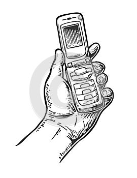 Flip Phone hold male hand.Vintage drawn engraving illustration