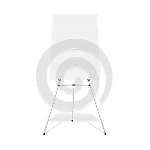 Flipchart, display easel stand vector mock-up. Blank whiteboard realistic mockup. Tripod flip chart white board template